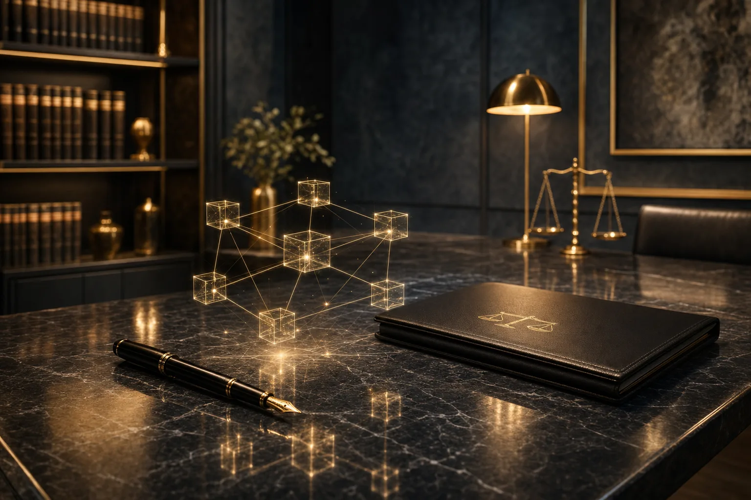 Editorial blockchain photography — polished marble desk with a holographic ledger rendering above it