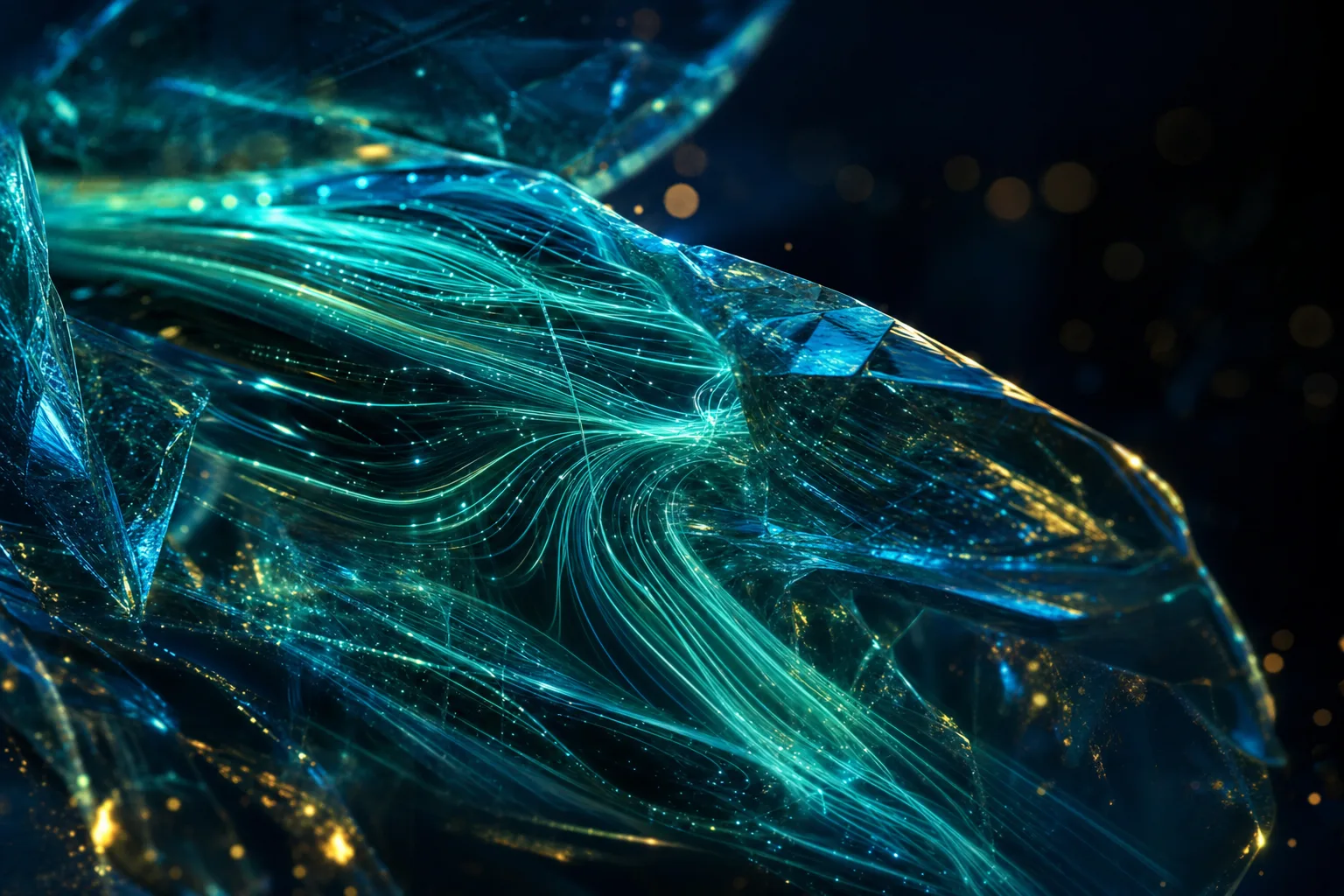 Luminous data streams flowing through a transparent crystalline structure — abstract representation of an unfreeze event